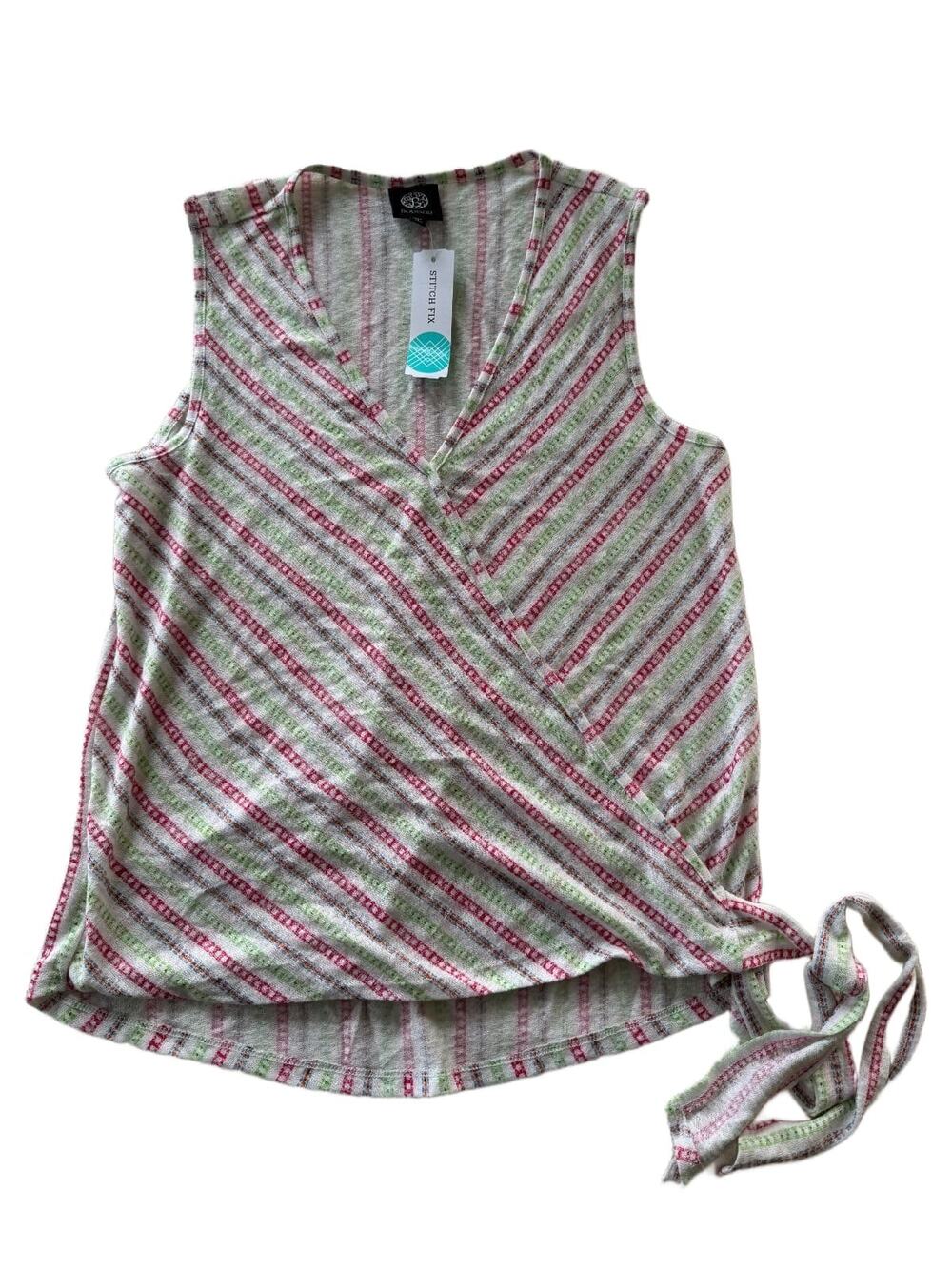 Bobeau Zaya Surplice Side Tie Knit Tank Top Women's M Pink Green Stripe NWT